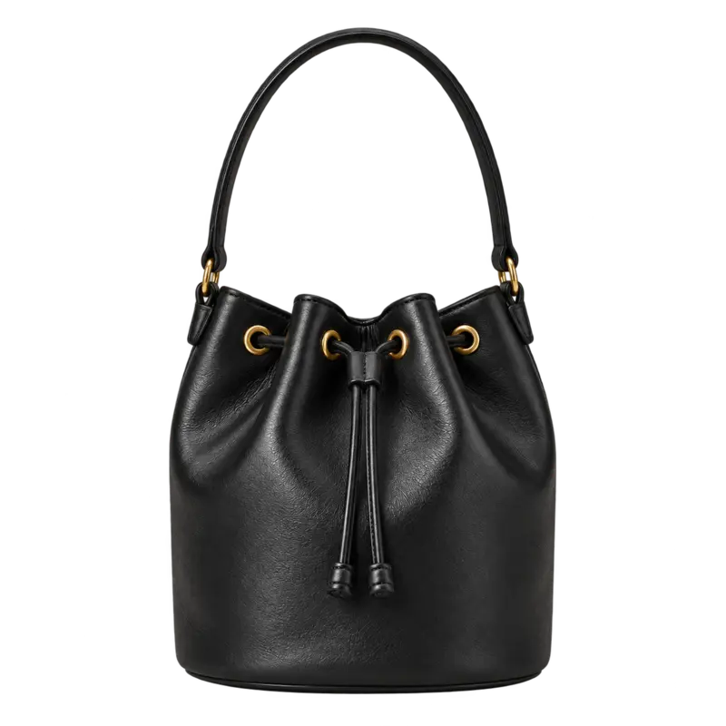 Black leather drawstring bucket bag