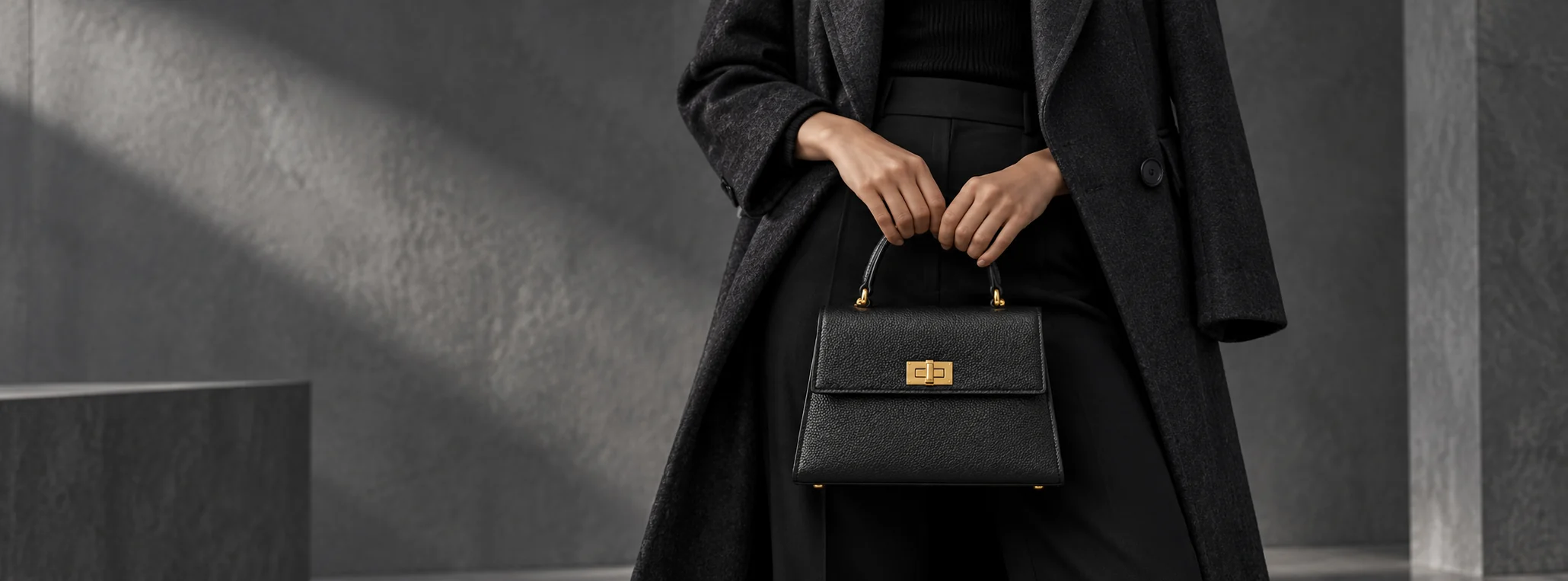 Fashion editorial featuring the black Marceau Top Handle bag against a charcoal backdrop